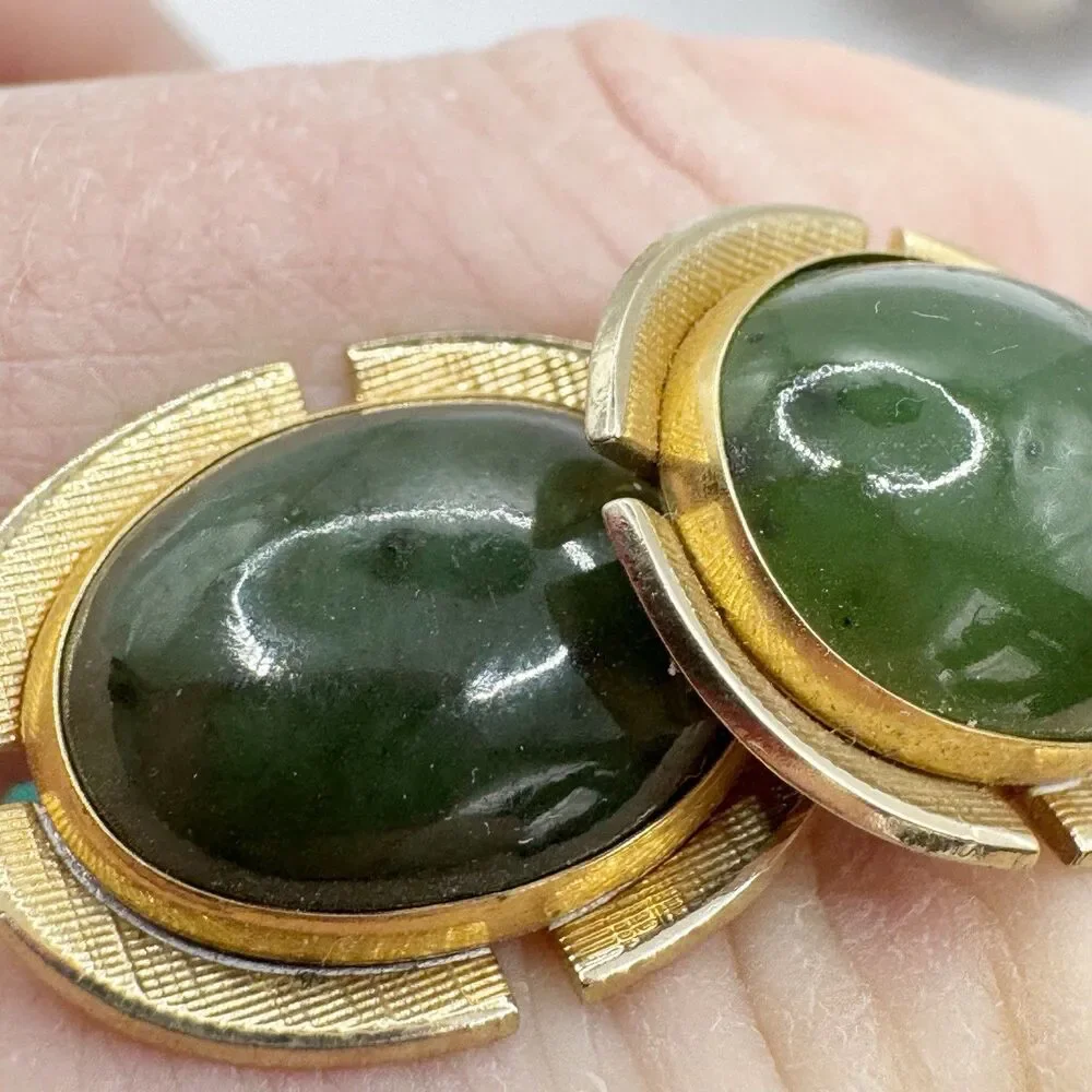 Anson Vtg MCM Green Faux Jade Cabochon Oval Gold wedding Cufflinks Mid Century
